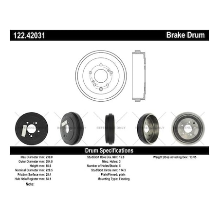 Centric Parts Centric Premium Brake Dru, 122.42031 122.42031